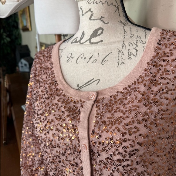 American Eagle Outfitters Rose Gold Sequin Shimmer Sparkle 3/4 Sleeve Cardigan - Picture 8 of 9